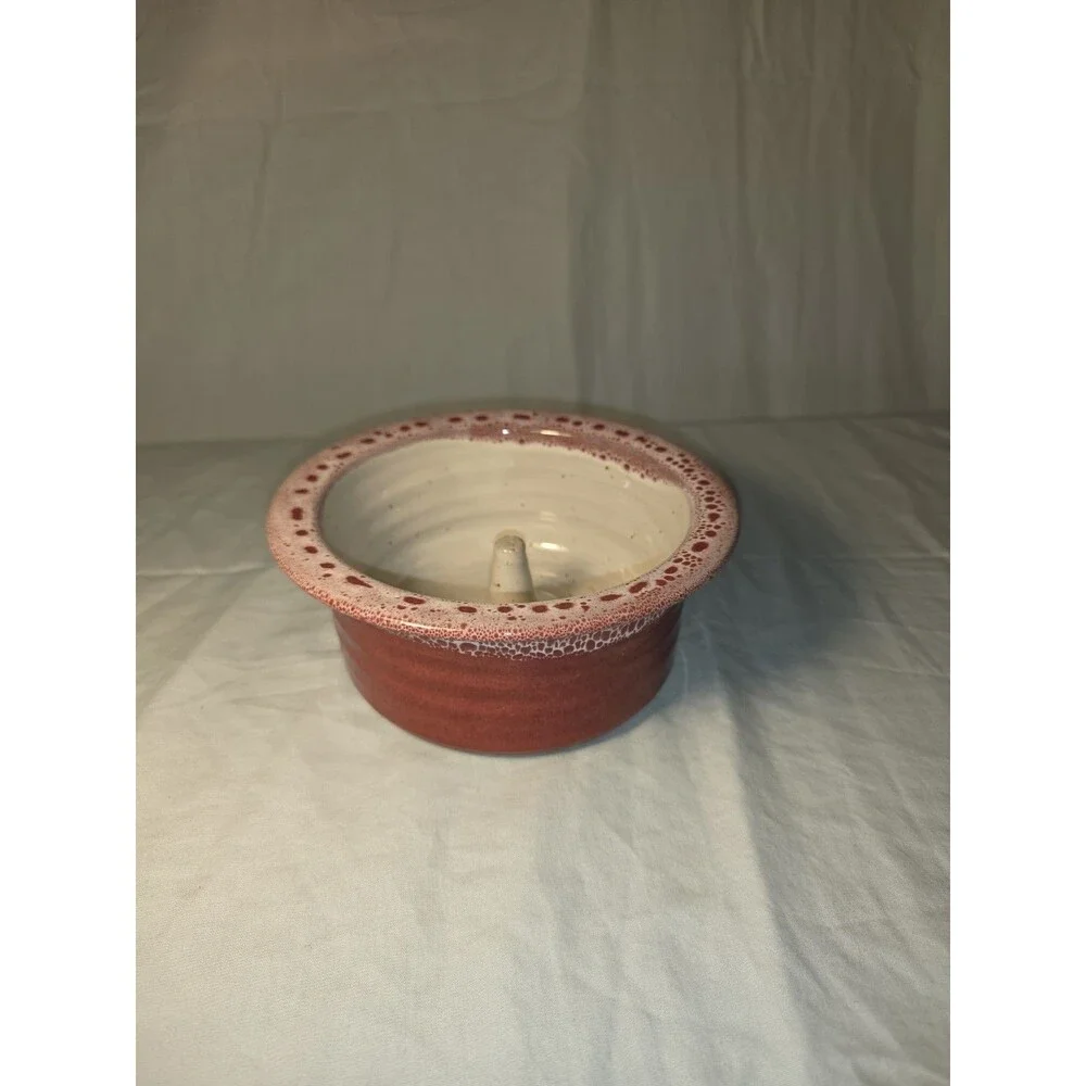 Alewine Pottery Handcrafted Apple Baker Bowl Stoneware Red White Drip Glaze 2013